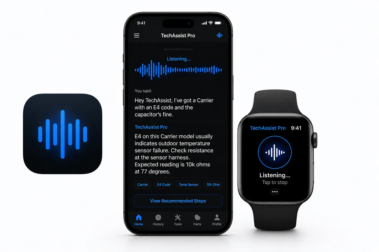 TechAssist Pro on iPhone and Apple Watch
